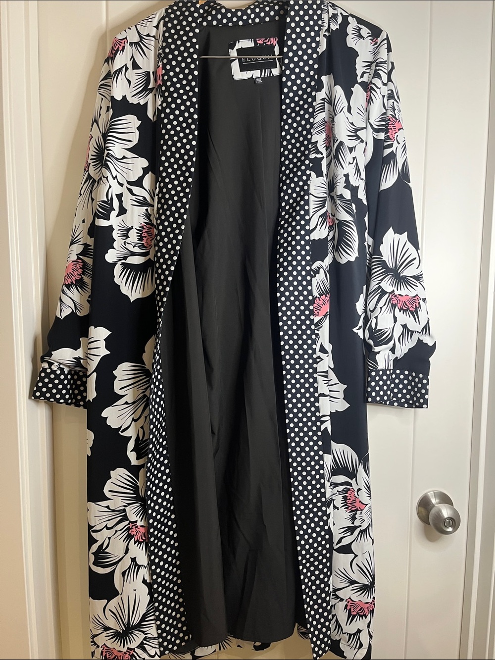 Eloquii Black Floral Duster Jacket with Pink Accents and Polka Dot Trim